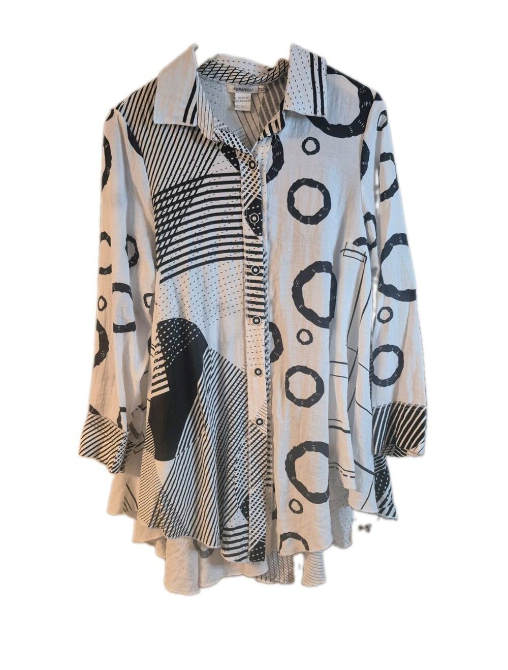 Feratelli Art Print Button-Up Shirt L Black White Abstract Flared Hem Avant Gard